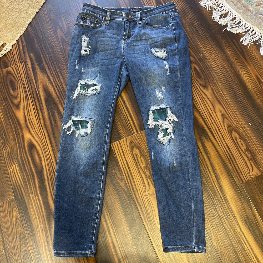 Judy Blue Mid Rise Skinny Jeans w/Blue & Green Plaid Patches Size 11/30